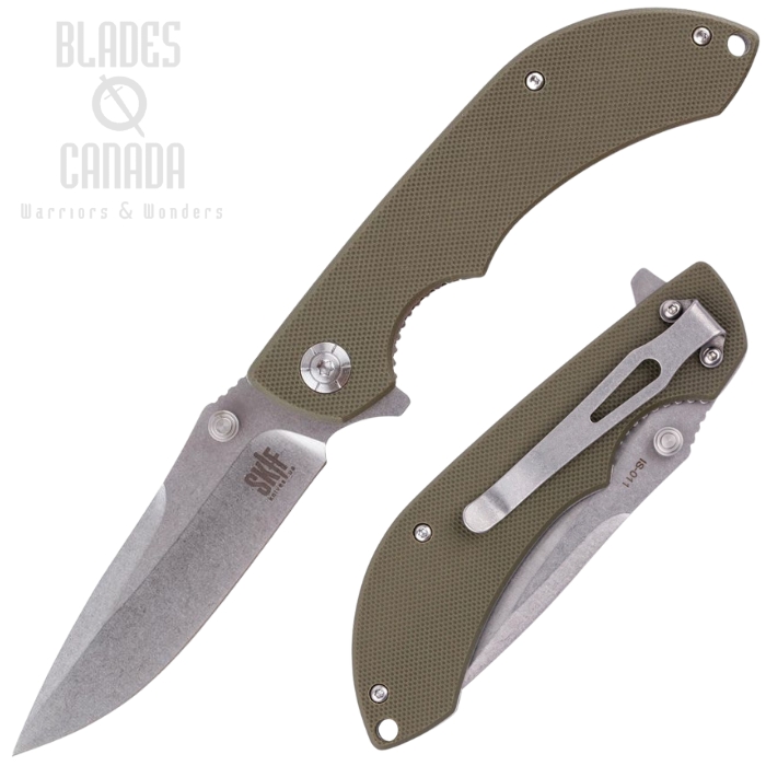 SKIF Spyke Flipper Folding Knife, Stonewash Blade, G10 OD Green, SKFIS011OG