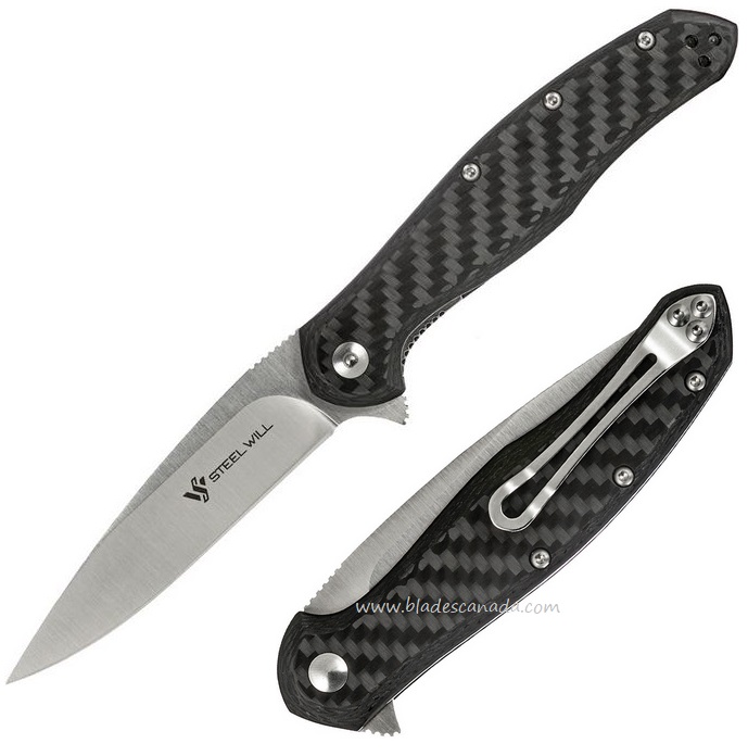 Steel Will Mini Intrigue Flipper Folding Knife, M390 Satin, Carbon Fiber, F45M-71