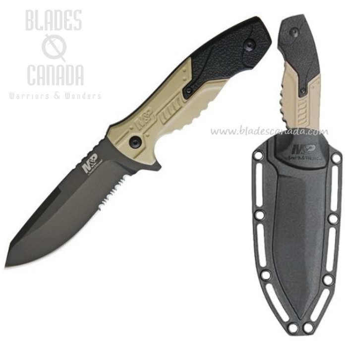 Smith & Wesson M&P Fixed Blade Knife, Stainless Black Partially Serrated, Black/Brown, SWMPF2CS