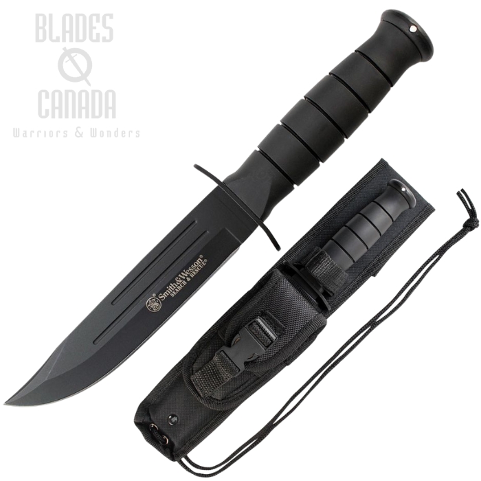 Smith & Wesson Search & Rescue Fixed Blade Knife, Stainless Black, Black Handle, Nylon Sheath, SWSUR2CP