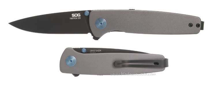 SOG Twitch III Flipper Folding Knife, 154CM TiNi, Aluminum Grey w/Blue Accents, 11-15-03-43