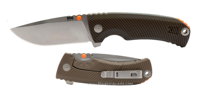 SOG Tellus FLK Flipper Framelock Knife, 440C Cryo, GRN Flat Dark Earth, 14-06-08-43