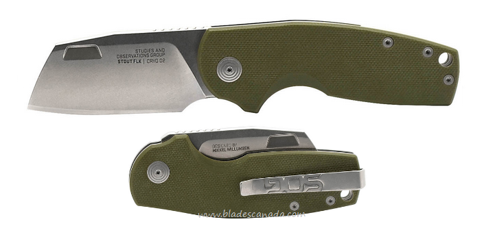 SOG Stout FLK Flipper Folding Knife, D2 Cleaver SW, G10 OD Green, 14-03-11-57