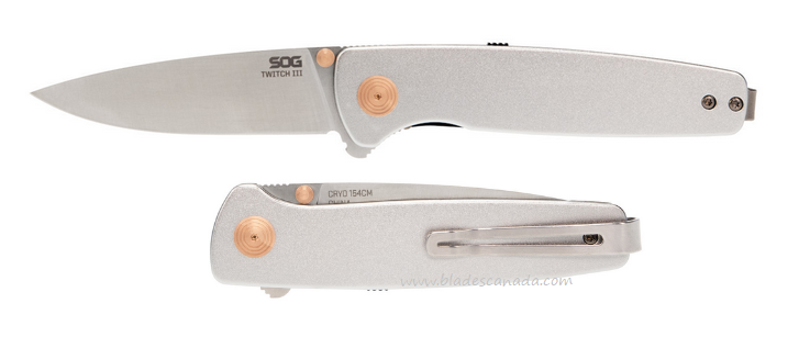 SOG Twitch III Flipper Folding Knife, 154CM Cryo, Aluminum Silver, 11-15-02-43