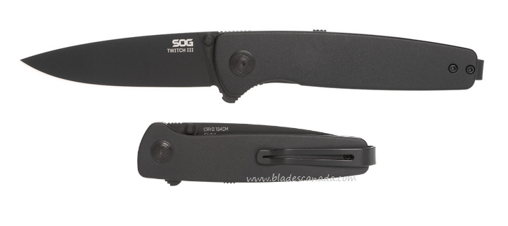SOG Twitch III Flipper Folding Knife, 154CM Black, Textured Aluminum Black, 11-15-01-43