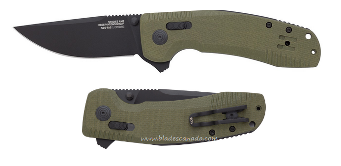 SOG TAC XR Flipper Folding Knife, D2 Cryo, G10 OD Green, 12-38-02-41