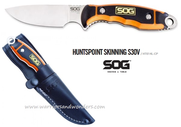 SOG Huntspoint Skinning Fixed Blade Knife, S30V, Leather Sheath, HT014L