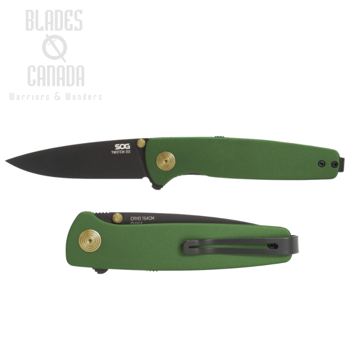 SOG Twitch III Flipper Folding Knife, Assisted Opening, 154CM Black, Aluminum Forest Green, SOG-11-15-04-43