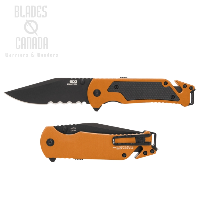 SOG Escape 2.0 Folding Knife, Assisted Opening, AUS 8 Black Serrated, High-Vis Orange/Black, Glass Breaker, SOG-11-52-02-43