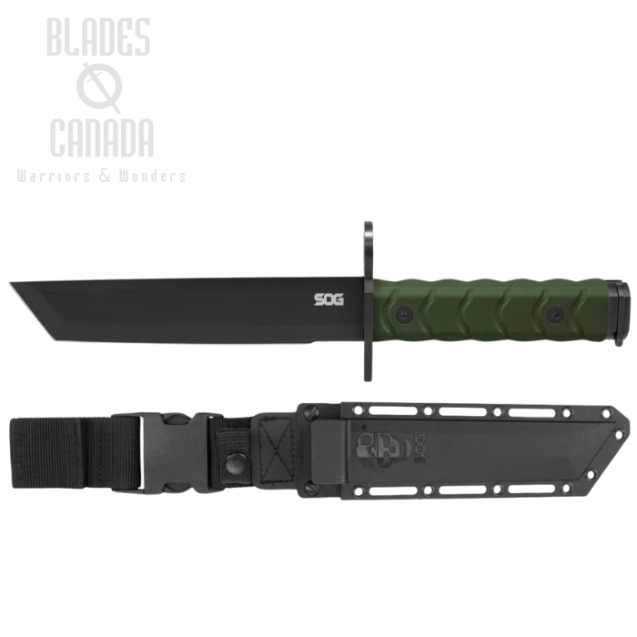 SOG BAR15T Bayonet Fixed Blade Knife, AUS 8 Black Tanto, G10 OD Green, Kydex Sheath, SOG-BY1002
