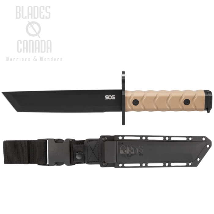 SOG BAR15T Bayonet Fixed Blade Knife, AUS 8 Black Tanto, G10 FDE, Kydex Sheath, SOG-BY1003