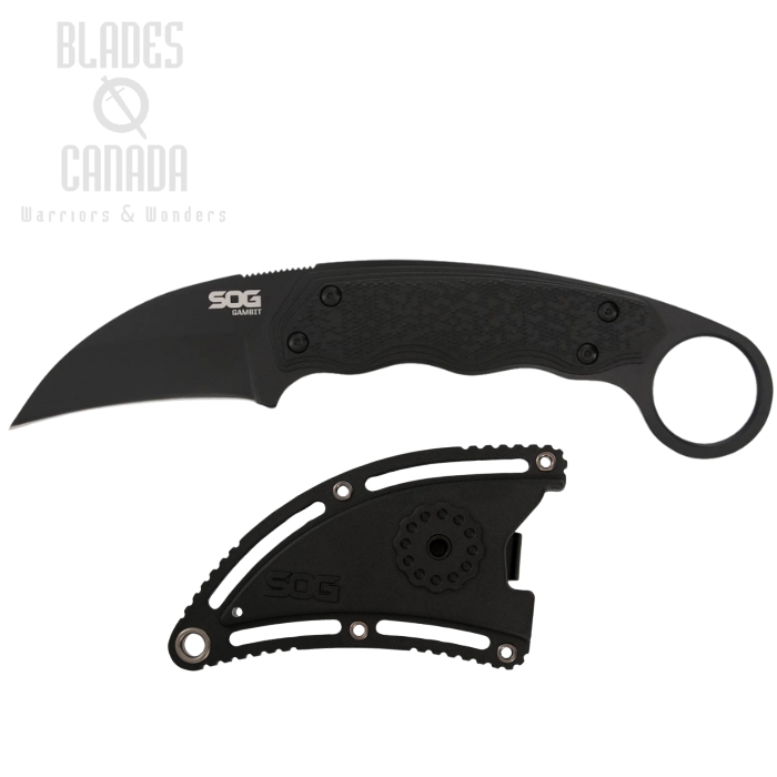 SOG Gambit Fixed Blade knife, Black Blade, GRN Black, Hard Nylon Sheath, SOG-GB1002