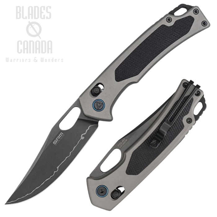 (image for) SRM Knives Retriever Ambi Lock Folding Knife, 140CR Black, Aluminum Grey/G10 Black Inlay, 9203-AK2