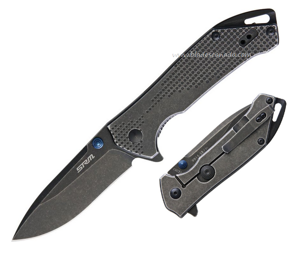 SRM Knives Model 9015-SB Framelock Folding Knife, 14C27 Black SW, Stainless Black SW