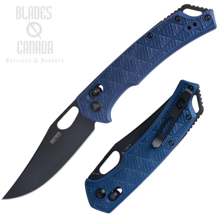 SRM Knives Model 9201-PL Folding Knife, Black Blade, FRN Blue Textured Handle, 9201PL