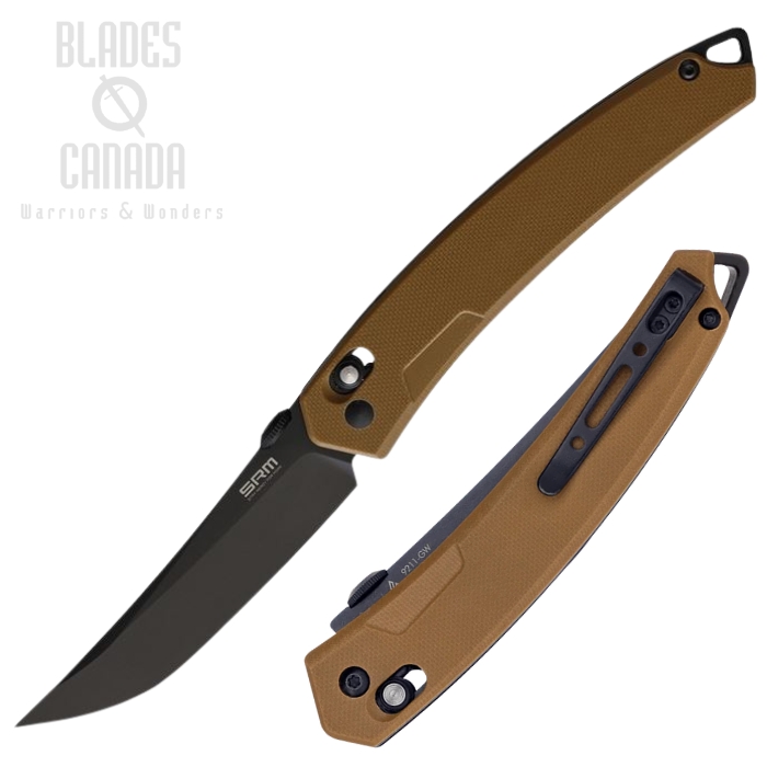 SRM Model 9211 Ambi Lock Folding Knife, Stainless Black SW, G10 Brown, 9211-GW