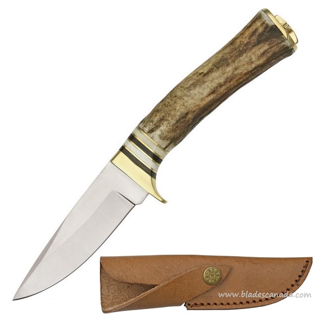 Damascus 7003 Whitetail Fixed Blade Skinner Knife, Stag Handle, Leather Sheath, SS7003