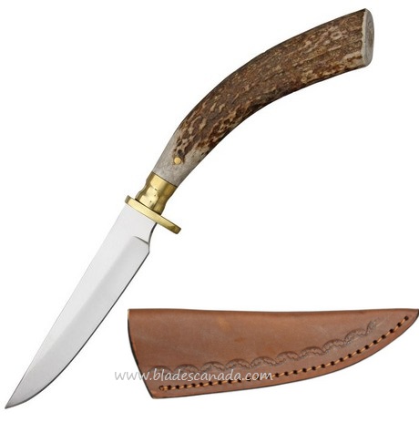 Damascus 7018 Hunter Fixed Blade Knife, Stag Handle, Leather Sheath, SS7018