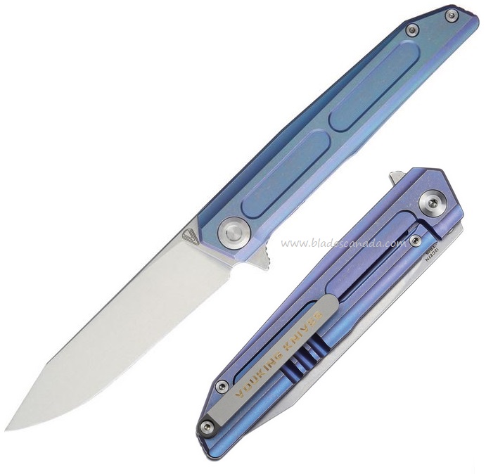 Vouking Samgun Flipper Framelock Folder, Sandvik 12C27, Titanium Handle, STETS05BLU