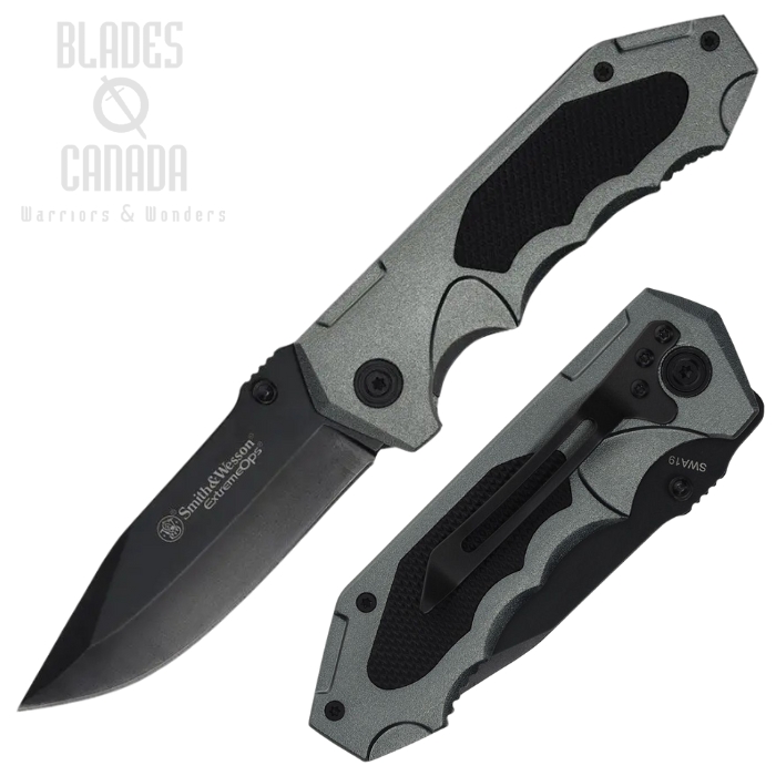 Smith & Wesson Extreme Ops Folding Knife, Stainless Black, Aluminum Gray/Black Rubber, SWA19CP
