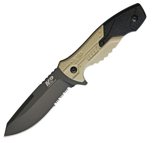 Smith & Wesson M&P Fixed Blade Knife, Stainless Black Partially Serrated, Black/Brown, SWMPF2CS