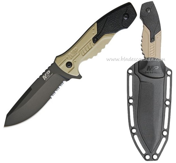 Smith & Wesson M&P Fixed Blade Knife, Stainless Black Partially Serrated, Black/Brown, SWMPF2CS