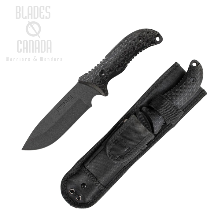 Schrade F36 Frontier Fixed Blade Knife, 1095 Black, Black Textured Handles, Nylon Sheath, SCHF36