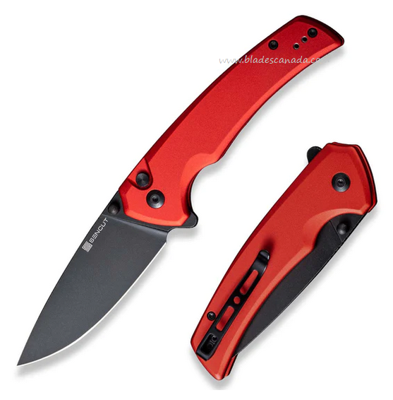 SENCUT Serene Flipper Button Lock Knife, D2 Black SW, Aluminum Red, S21022B-2