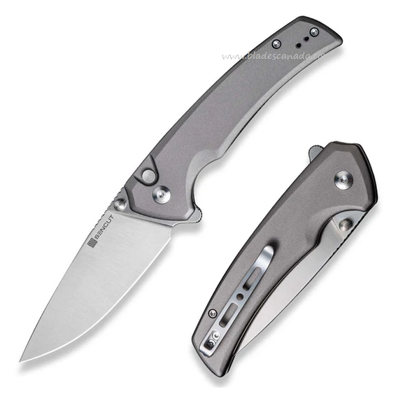 SENCUT Serene Flipper Button Lock Knife, D2 Satin, Aluminum Gray, S21022B-3