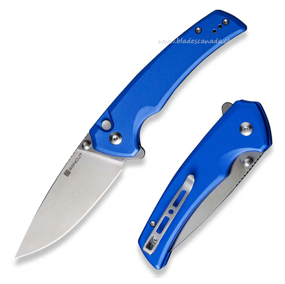SENCUT Serene Flipper Button Lock Knife, D2 Satin, Aluminum Blue, S21022B-4
