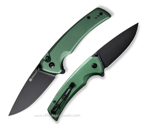 SENCUT Serene Flipper Button Lock Knife, D2 Black, Aluminum Green, S21022B-5