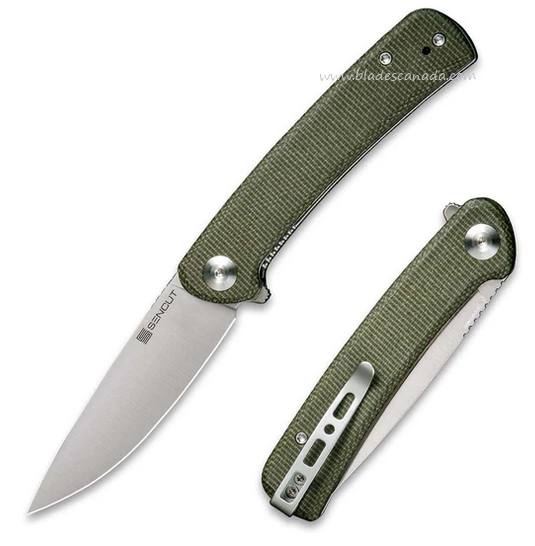 SENCUT Neches Flipper Folding Knife, Satin Blade, Micarta Green, SA09C