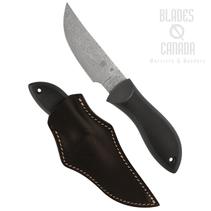 (Coming Soon) Spyderco Moran Upswept SPRINT RUN Fixed Blade Knife, Damasteel DS93X, FRN/Kraton Black, Leather Sheath, FB01PGYD