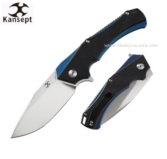 Kansept Hellx Flipper Folding Knife, D2 Steel, Stainless Blue/G10 Black, T1008A1