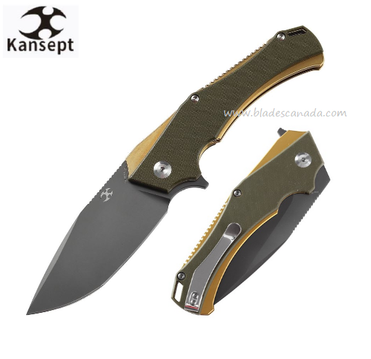 Kansept Hellx Flipper Folding Knife, D2 Steel, Stainless Gold/G10 OD, T1008A2