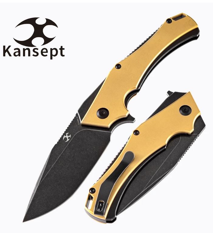 Kansept Hellx Flipper Folding Knife, D2 Steel, Brass Handle, T1008B2