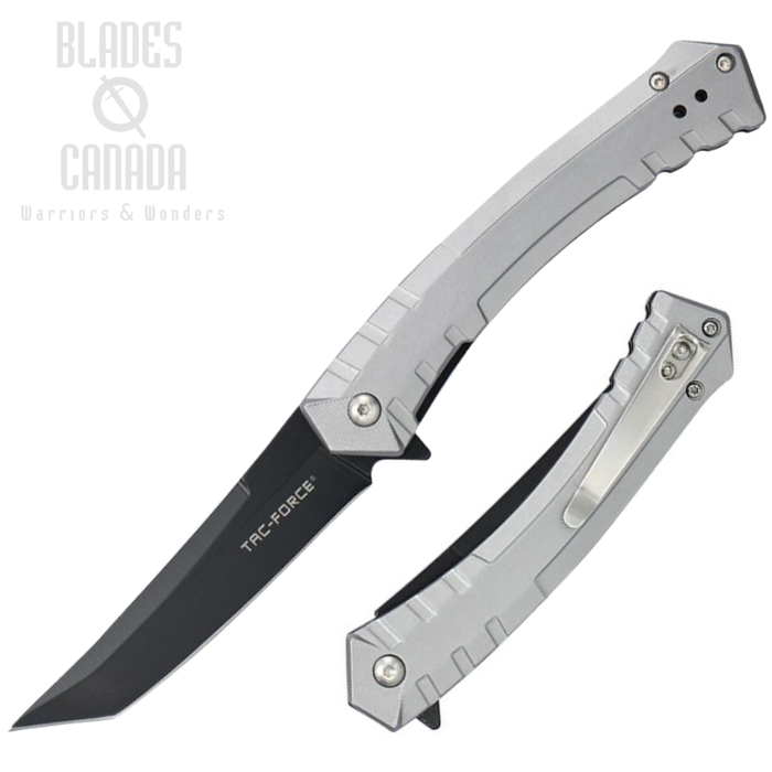Tac Force Flipper Folding Knife, Assisted Opening, Stainless Black, Aluminum Gray, TF2005GY