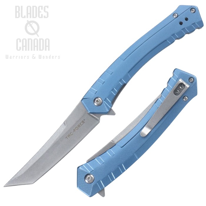 Tac Force Flipper Folding Knife, Assisted Opening, Stonewash Blade, Aluminum Blue, TF2005SBL