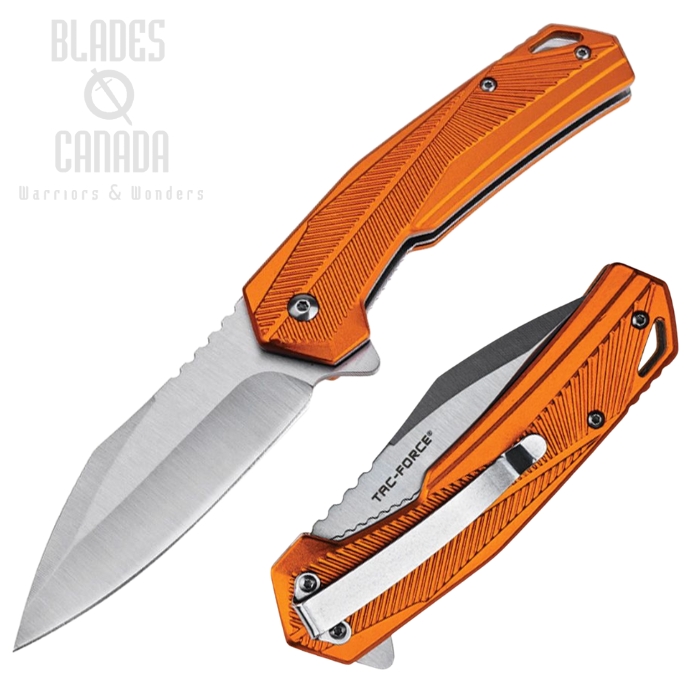 Tac Force Flipper Folding Knife, Assisted Opening, Satin Blade, Aluminum Orange, TF2018OR