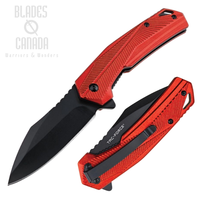 Tac Force Flipper Folding Knife, Assisted Opening, Black Blade, Aluminum Red, TF2018RD