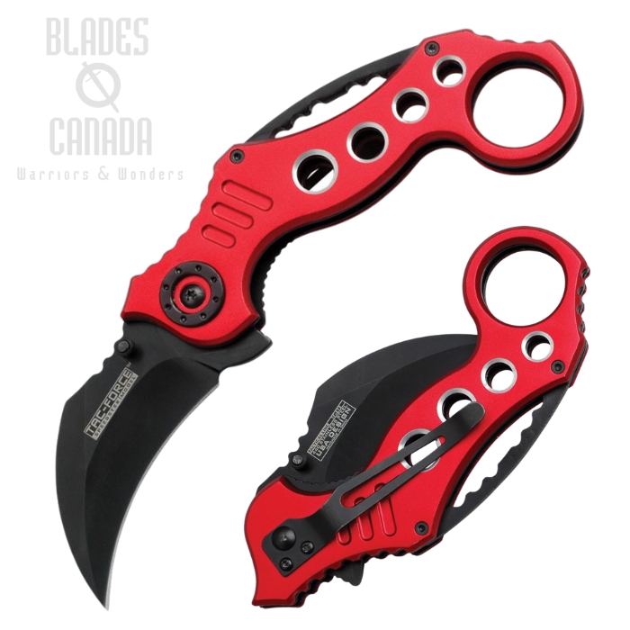 Tac Force Karambit Flipper Folding Knife, Assisted Opening, Black Blade Aluminum Red, TF578RD
