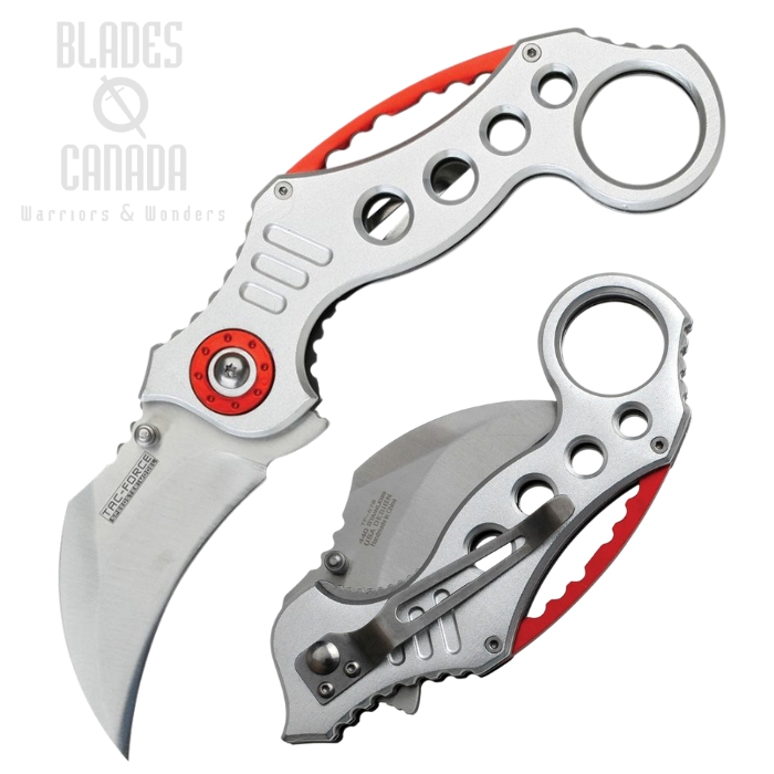Tac Force Karambit Flipper Folding Knife, Assisted Opening, Stainless Satin, Aluminum Gray/Red, TF578S