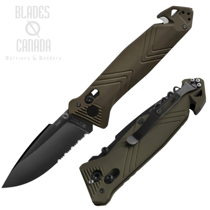 TB Outdoor C.A.C. Utility Axis Lock Folding Knife, Nitrox Black Partially Serrated, PA6 Green, TBO049