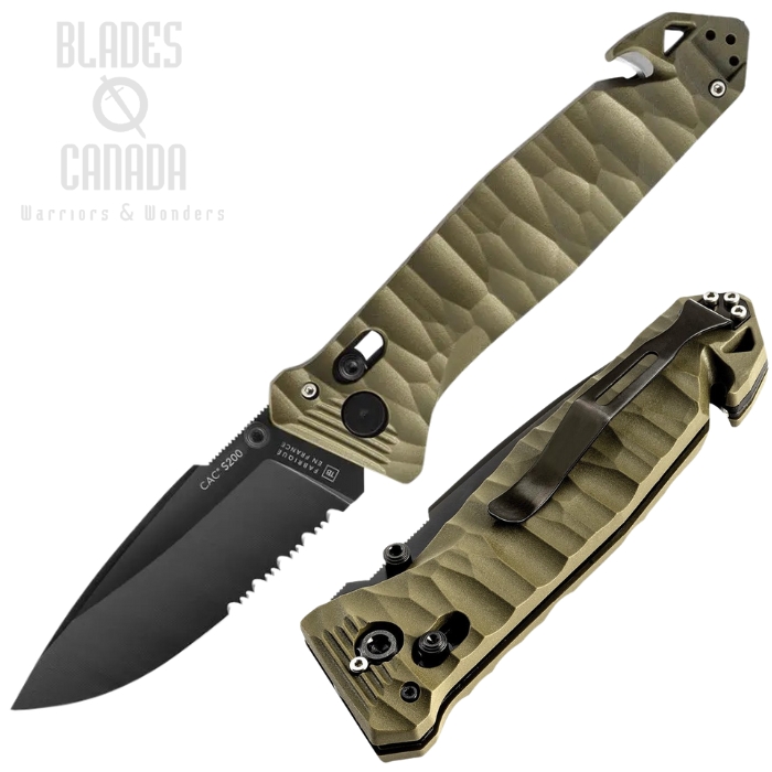 TB Outdoor C.A.C. S200 Utility Axis Lock Folding Knife, Nitrox Black Partially Serrated, PA6 Green Sculpted, TBO053