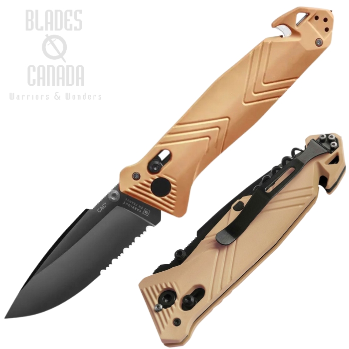 TB Outdoor C.A.C. Vengeur Axis Lock Folding Knife, Nitrox Black Partially Serrated, PA6 Coyote Tan, TBO102