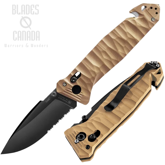 TB Outdoor C.A.C. S200 Utility Axis Lock Folding Knife, Nitrox Black Partially Serrated, PA6 Coyote Tan, TBO105