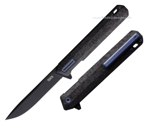 Tekto F2 Bravo Flipper Folding Knife, D2 Black, Carbon Fiber w/Blue Accents, TKTF2CBLBK1