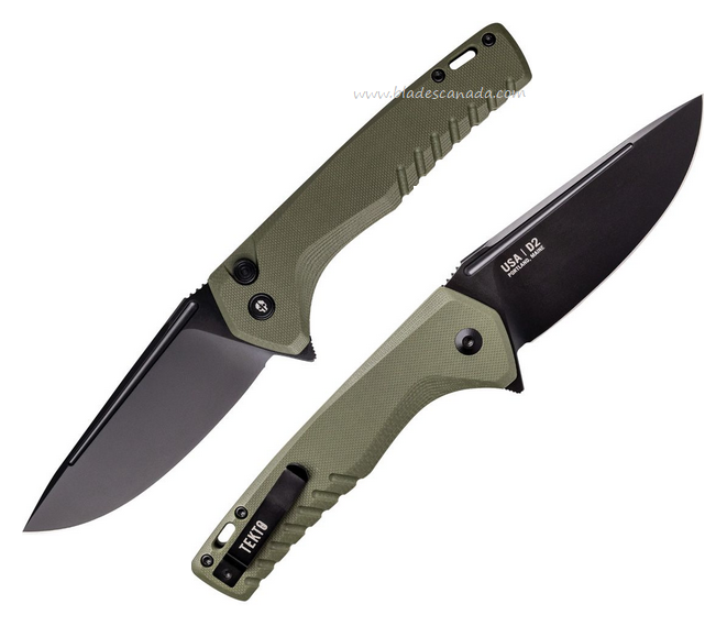 Tekto F3 Charlie Flipper Button Lock Knife, D2 Black, G10 OD Green, TKTF3GODBK1