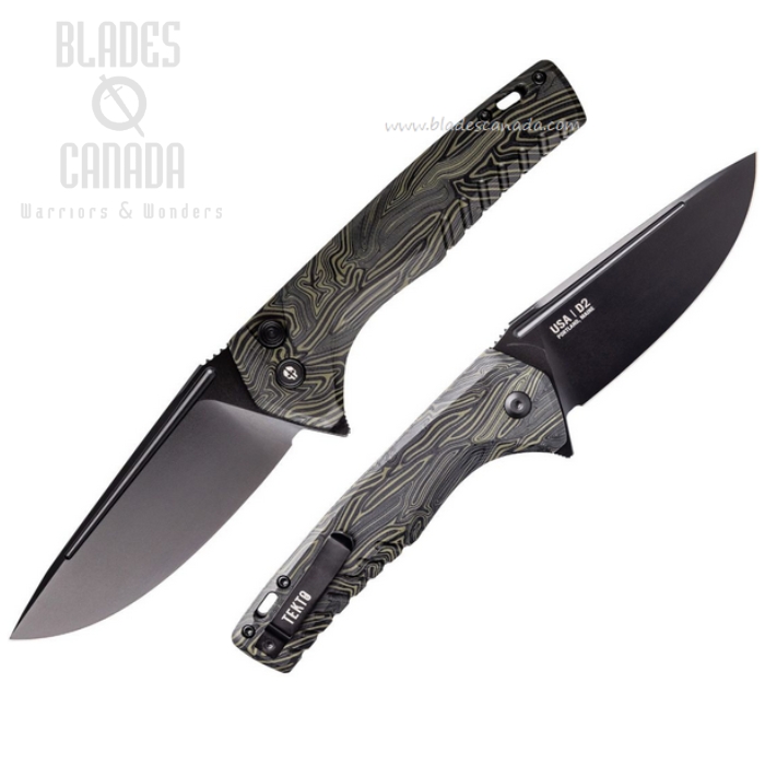 (image for) Tekto F3 Charlie Flipper Button Lock Knife, D2 Black, G10 Black/Green Damascus Pattern, TKTF3GMXBK1