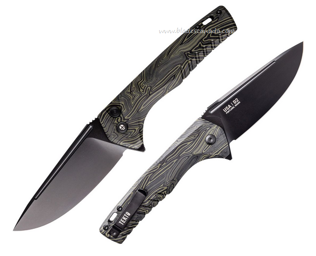 Tekto F3 Charlie Flipper Button Lock Knife, D2 Black, G10 Black/Green Damascus Pattern, TKTF3GMXBK1